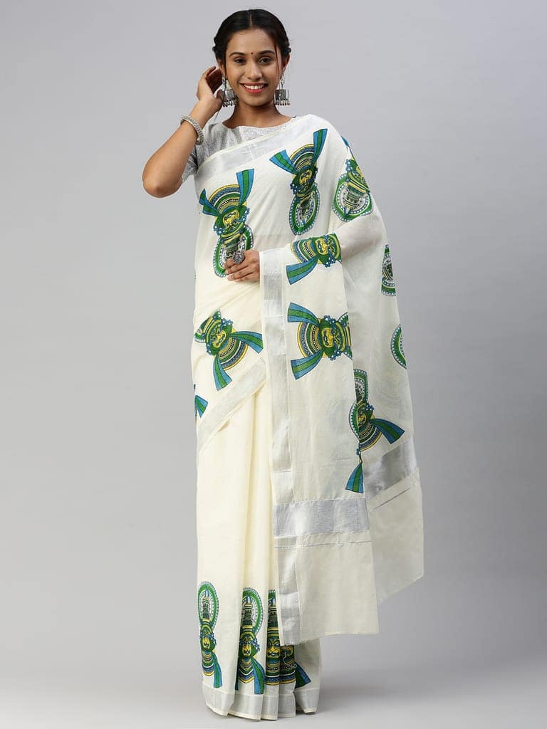 Womens Kerala Off White Kathakali Doll Design Printed Silver Jari Saree OKS07 view 2