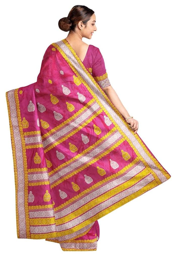 Handwoven Mulberry pure silk saree from Assam, in pink with colourful motifs on the body and thread work in pallu & border. view 2
