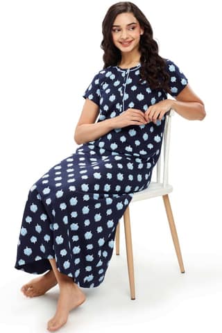 ZEYO Womens Cotton Navy Blue Leaf Printed Stylish Maxi Night Dress Nighty