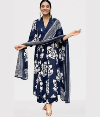 S & D Attire Women's Rayon Printed Kurti With Palazzo ( Blue )