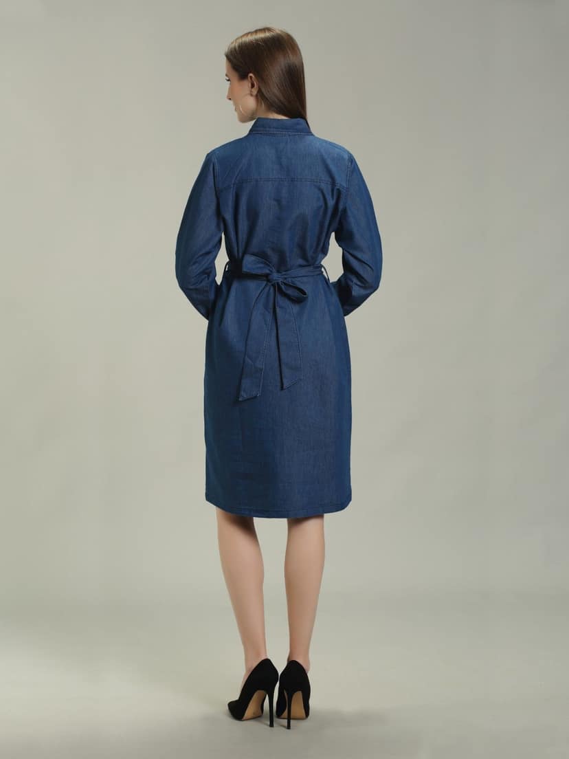 Denim Solid One Piece W Both Side Shirt Pocket with Belt, Blue - M view 2