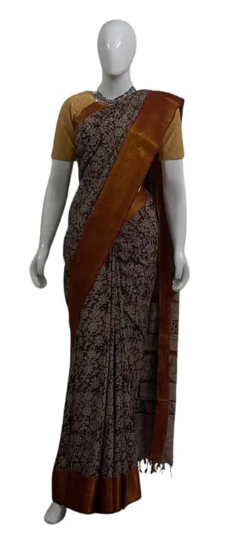 Kalamkari Mangalgiri Silk Cotton Saree Chocolate Brown