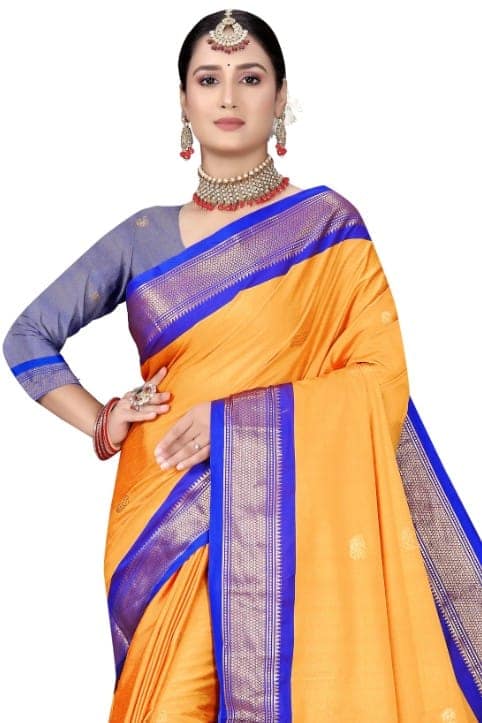 Amba And R.Blue Cotton Silk Saree With Contrast Blouse And Contrast Pallu Allover Zari Butta view 2