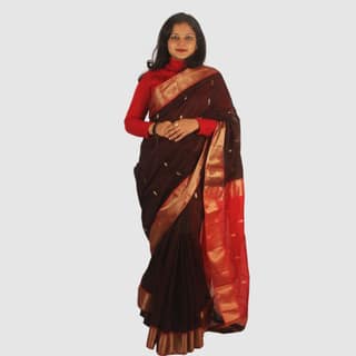 Elegant Crimson Red Maroon Maheshwari Handloom Saree Gold Zari Border