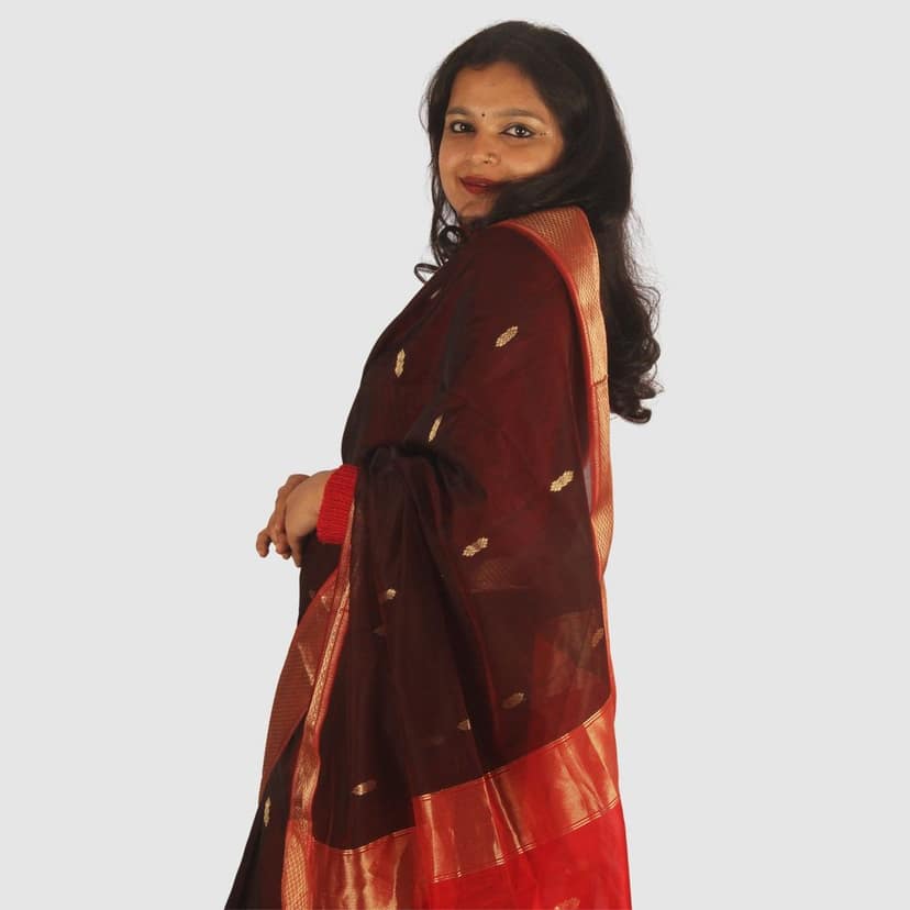 Elegant Crimson Red Maroon Maheshwari Handloom Saree Gold Zari Border view 3