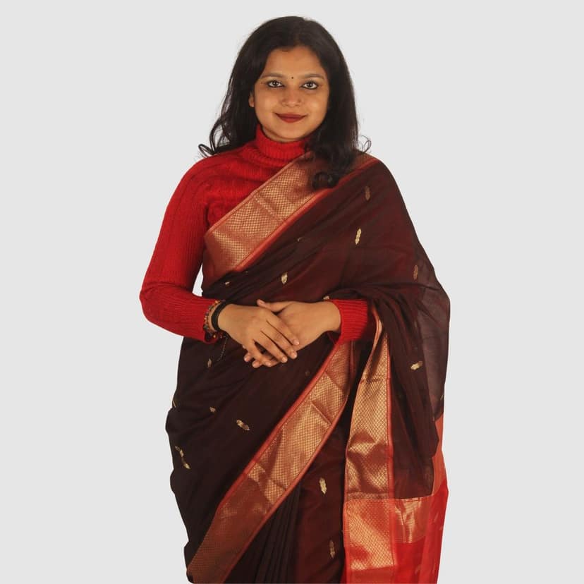 Elegant Crimson Red Maroon Maheshwari Handloom Saree Gold Zari Border view 5