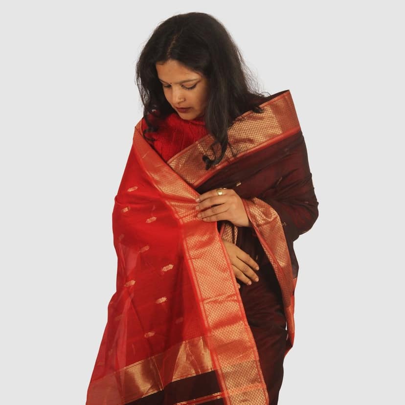 Elegant Crimson Red Maroon Maheshwari Handloom Saree Gold Zari Border view 6