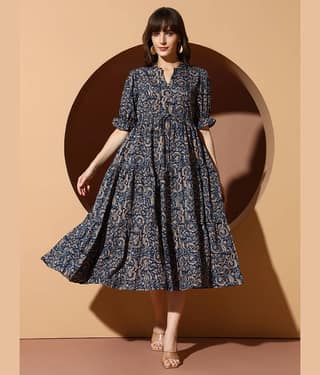 ZWERLON Women Polyester Printed A-line Dress ( Navy Blue )