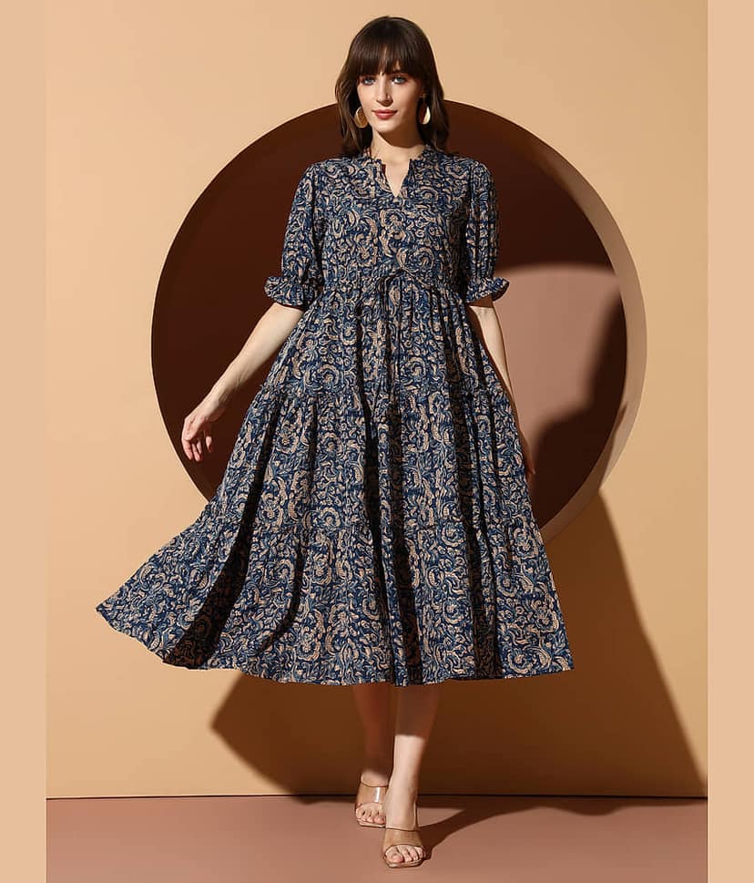 ZWERLON Women Polyester Printed A-line Dress ( Navy Blue )