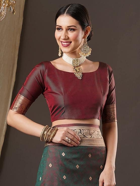 Women’s Elegant Dark Green & Maroon Banarasi Silk Saree with Rich Golden Zari Woven Border and Pallu – Traditional Wedding, Festive & Party Wear Saree with Unstitched Blouse Piece view 3
