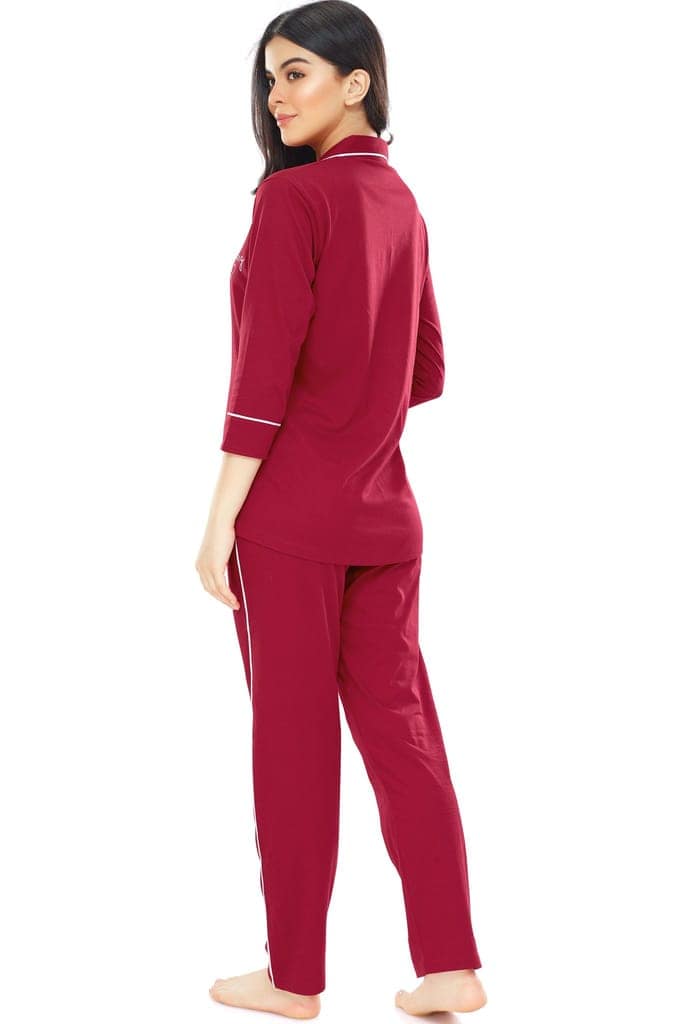 ZEYO Women's Cotton Red Solid Stylish Night suit set view 3
