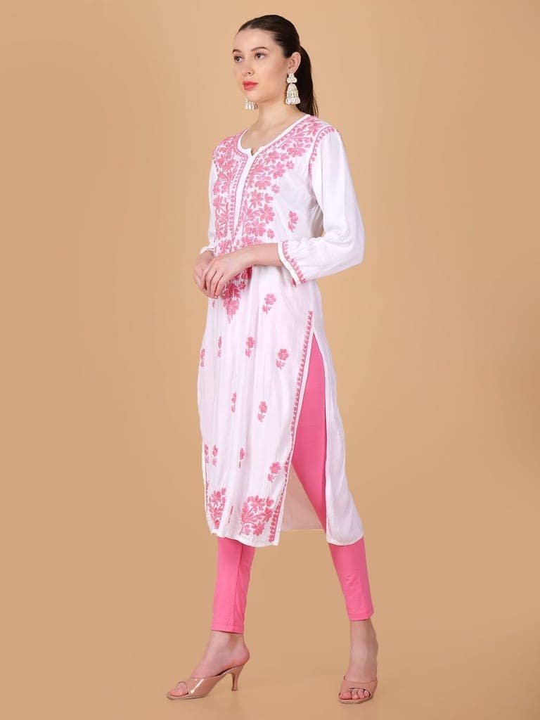 Handmade Lucknow Chikankari Off-White Kurta with Pink Thread work view 4