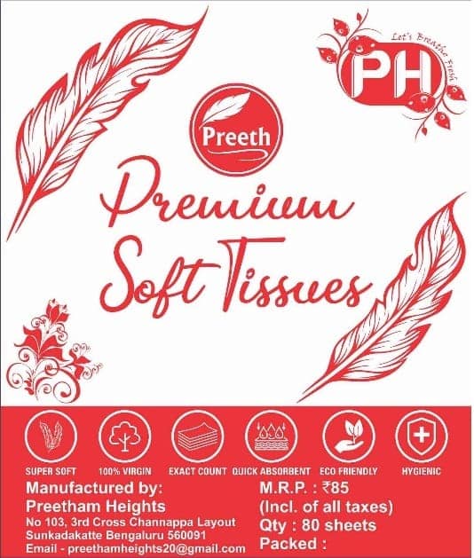 Preeth Premium Soft Tissue Papers for Home and Office, 80 Pulls -1 Ply, Size 27x 30cms -Ultra Soft & High Absorbent Pack Of 4, 320 Pulls (pack of 2) view 3