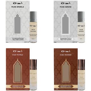 Ossa Musk Sparkle And Serene, Oud Royale And Incense Unisex Concentrated Perfums Alcohol Free Attar Combo (Pack of 4)