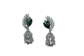 Elegant Silver-Tone Green Gemstone CZ Jhumka Earrings for Women