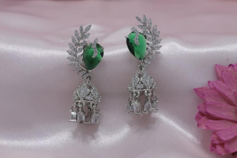 Elegant Silver-Tone Green Gemstone CZ Jhumka Earrings for Women view 3