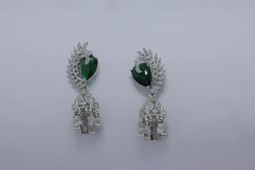 Elegant Silver-Tone Green Gemstone CZ Jhumka Earrings for Women view 4