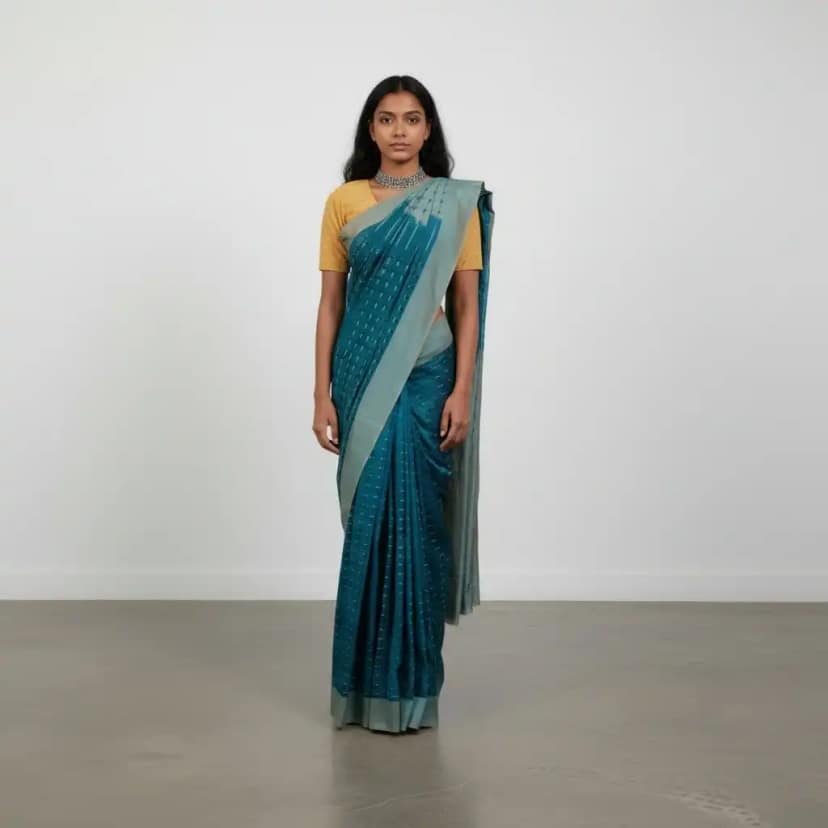 Teal Blue Pochampally Double Ikat Cotton Saree with Temple Border
