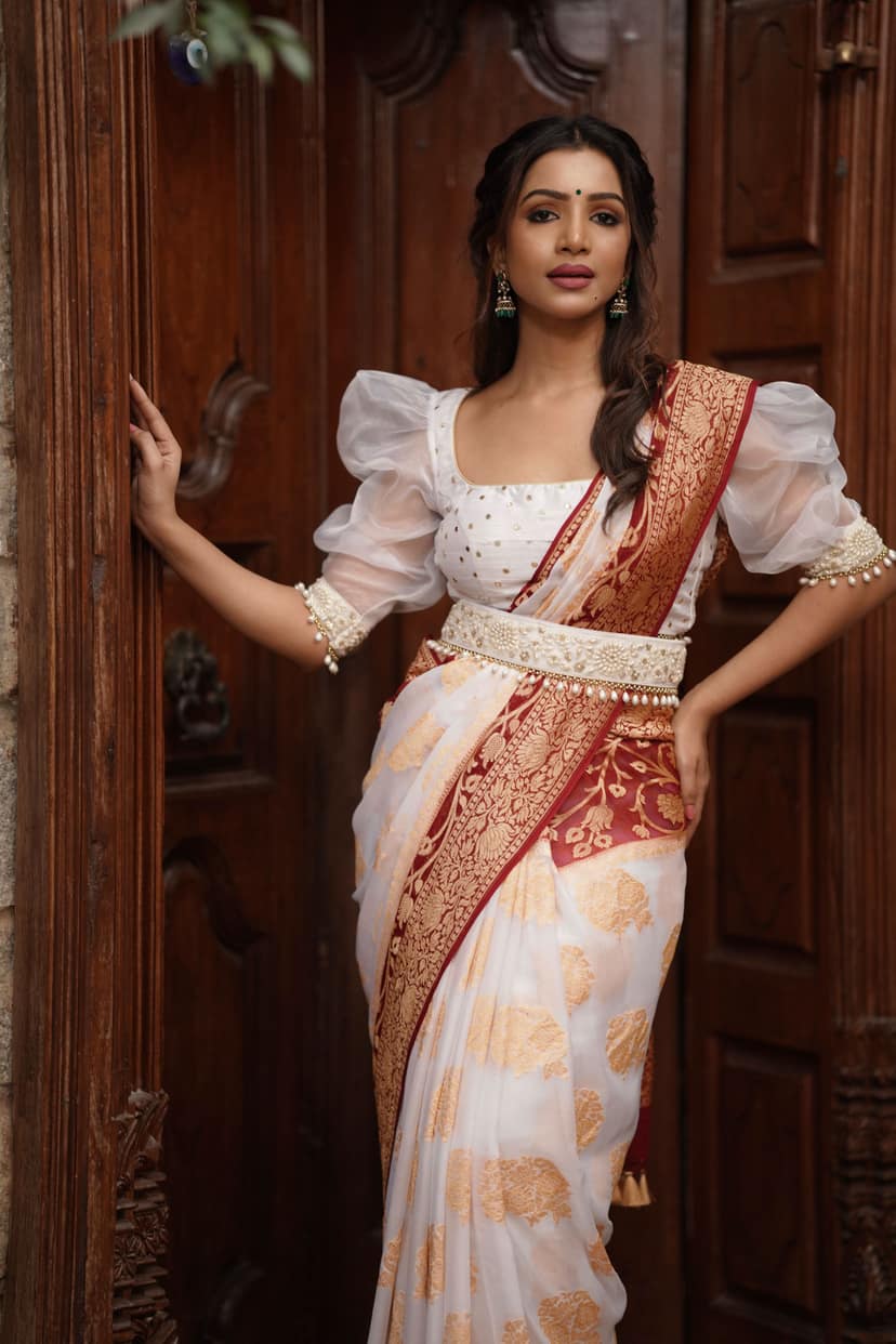 Ivory Banarasi Pure Georgette Saree with Floral with Maroon Border | SILK MARK CERTIFIED view 4