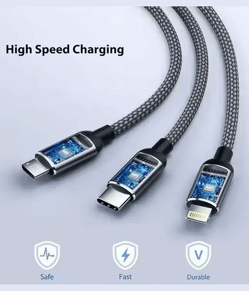 Multi-Functional Charging & Data Cable – 3-in-1 Type-C, Micro USB, and Lightning Connectors for Smartphones – 1.5 Meter Braided Cable (Heavy Duty)