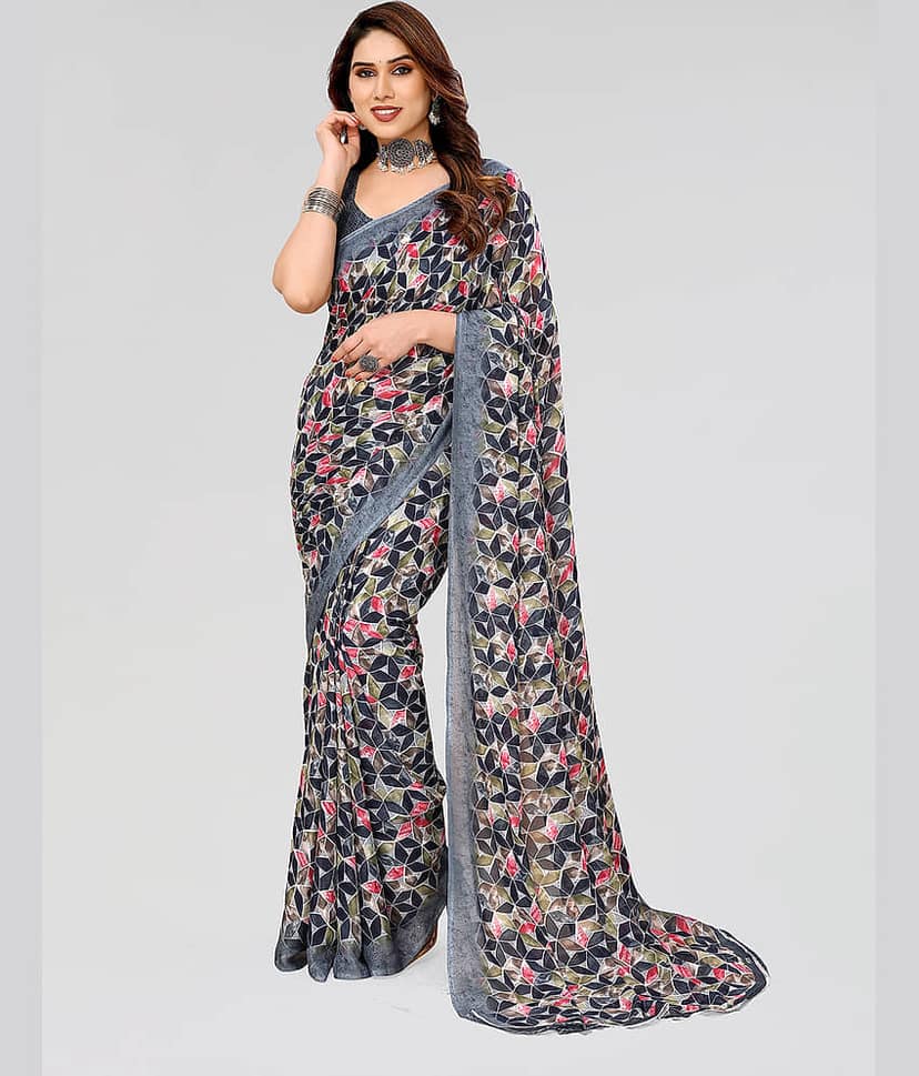 ANAND SAREES Georgette Printed Saree With Unstitched Blouse Piece ( Grey )