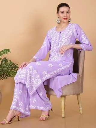 Pure Modal Heavy Bota Pattern hand embroidered Chikankari Kurta Set -Purple