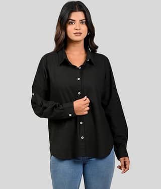 QuaClo Women Solid Cotton Blend Shirt ( Black )