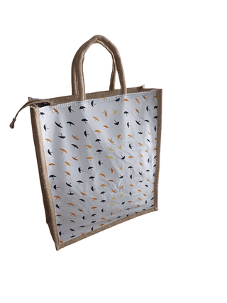 Eco-Friendly Jute Tote Bag with Umbrella Print & Drawstring Closure