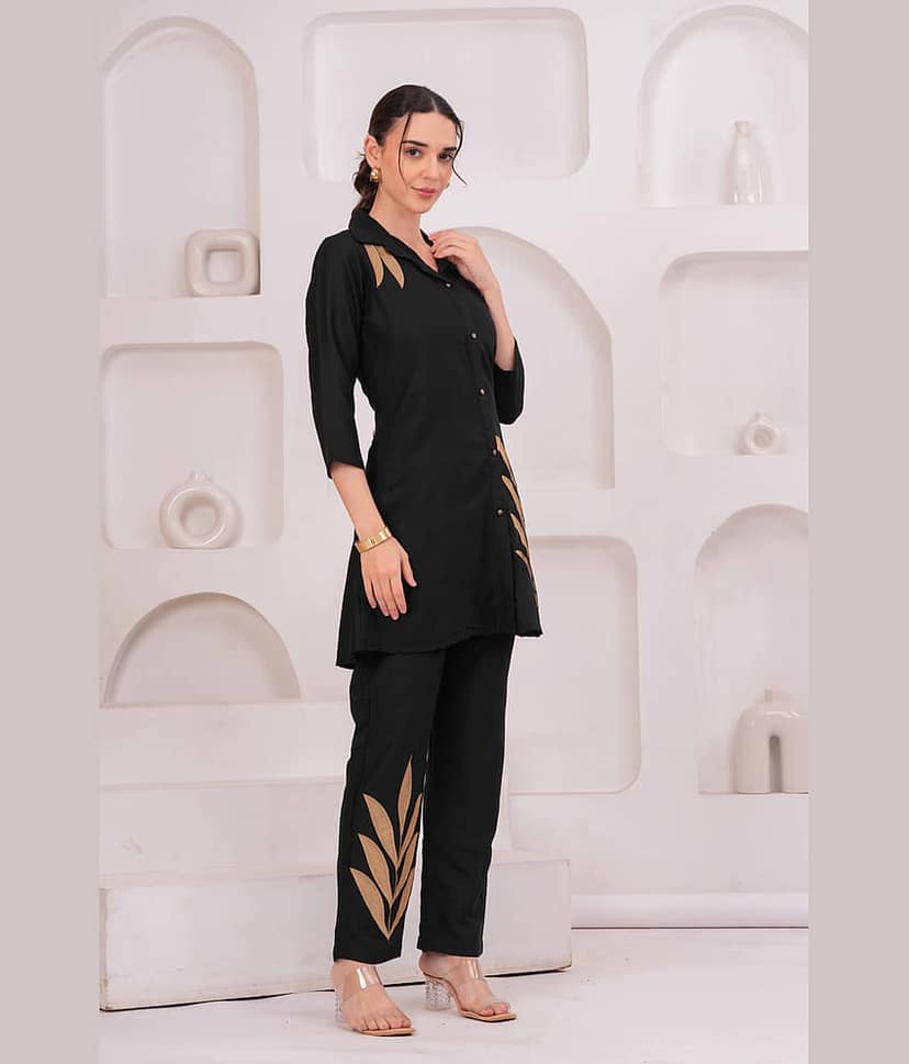 JC4U Women Self Design Tunic With Trousers Co-Ord Set ( Black ) view 2