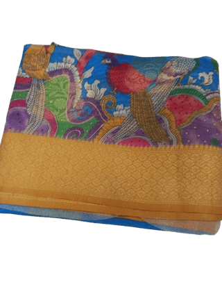 Blue and gold zari silk blend traditional Indian sari with peacock and floral motifs