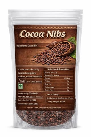 Premium Cocoa Nibs, Pure Roasted Cacao Pieces, 250g, No Preservatives, Roasted & Cracked | Unsweetened