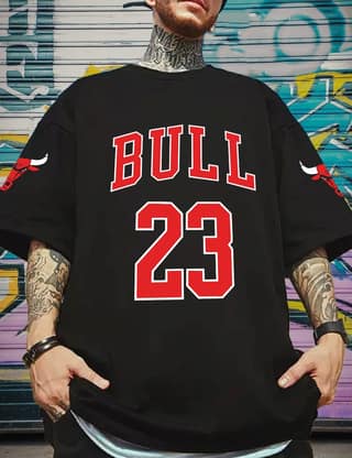 Scott Fincher Oversized Men's Casual Short Sleeve T-shirt with BULL 23 Print : AA(ARN)BLACK_79