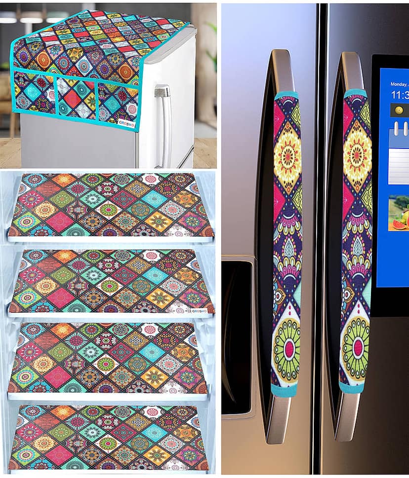 Crosmo Polyester Floral Printed Fridge Mat & Cover ( 64 18 ) Pack of 7 - Multicolor