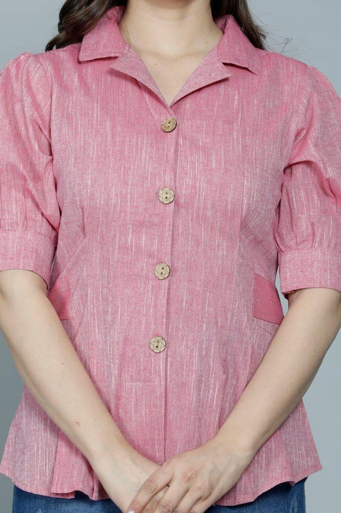 Women's Casual Solid Pink Shirt With Puff Sleeves view 5