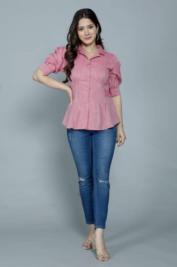 Women's Casual Solid Pink Shirt With Puff Sleeves view 6