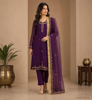 Handcrafted Zari Zardozi Organza Kurta With Dupatta Set