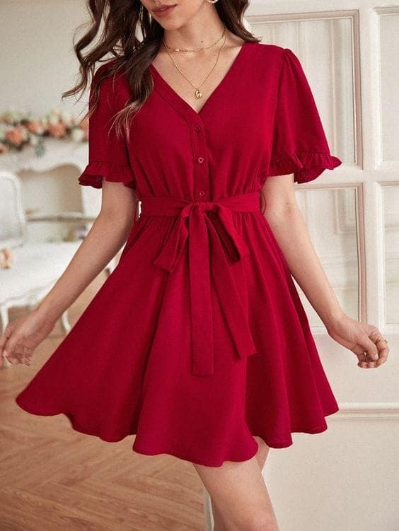 Elchic Flounce Sleeve Casual Charm Belted Dress view 3
