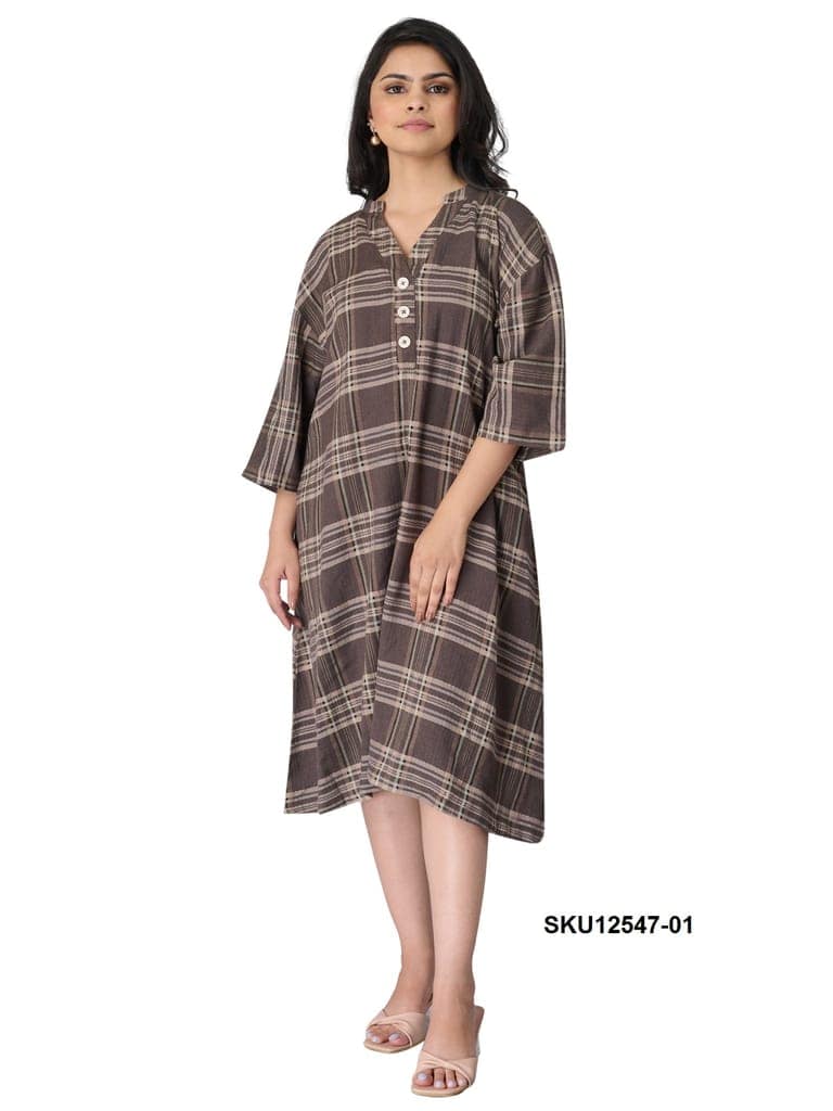 Women's Plaid Brown Cotton Midi Dress with 3/4 Sleeves view 3