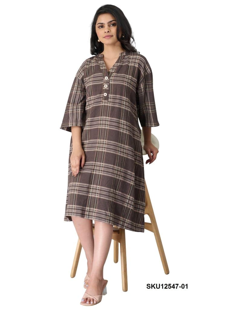 Women's Plaid Brown Cotton Midi Dress with 3/4 Sleeves view 5