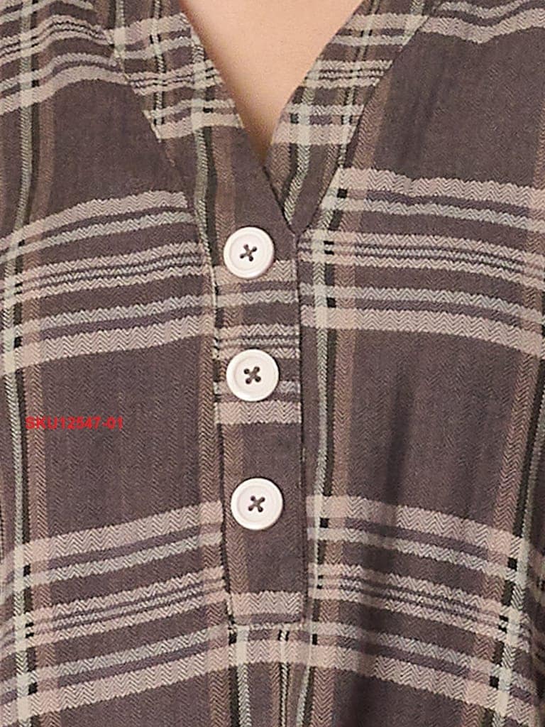 Women's Plaid Brown Cotton Midi Dress with 3/4 Sleeves view 6