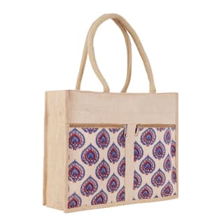 Raiganj Crafts Natural Charm: Jute Handbags - Fashion Statement Reusable Print Jute Cloth for Lunch Tiffin Bag with Zip and Jute Handle for Men Women and Children