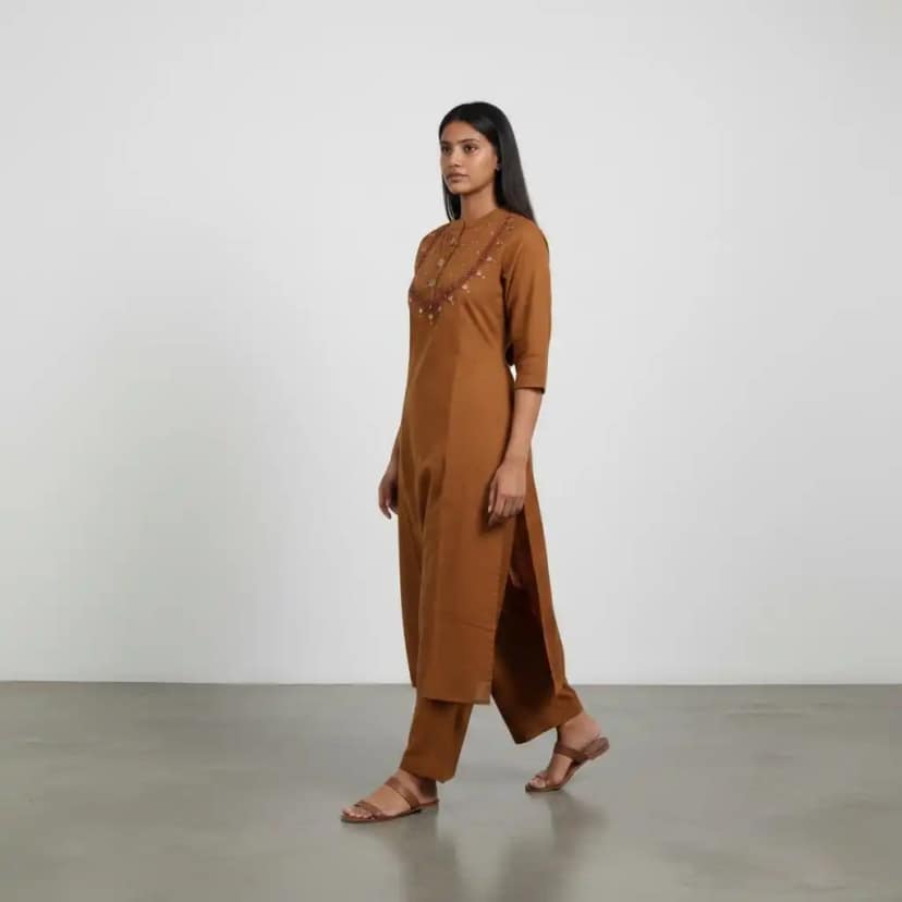 Handloom Cotton Co-Ord Set with Hand Embroidery in Chocolate Brown view 2