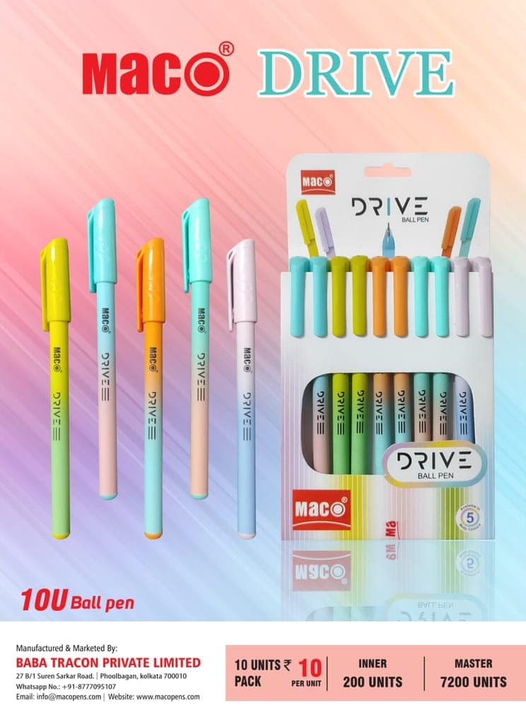 Maco Drive ball pen | Minimalistic & Aesthetic Matt Finish Pastel Body Colors |Effortless Writing With Sleek Clip Design | Blue Ink, Pack Of 50