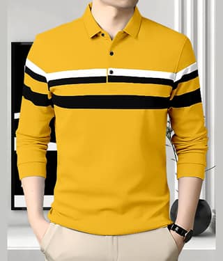AOOSH Pack of 1 Cotton Blend Regular Fit Striped Full Sleeves Men's Polo T Shirt ( Black )