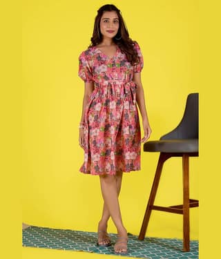 Amarasha Women Cotton Blend Printed Fit & Flare Dress ( Pink )