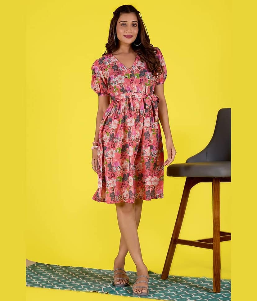 Amarasha Women Cotton Blend Printed Fit & Flare Dress ( Pink )