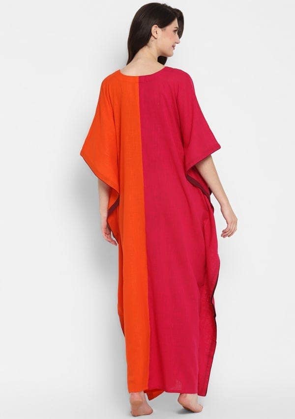 Fuchsia Orange V-Neck Cotton Kaftan with Contrast Stitch Lines view 3