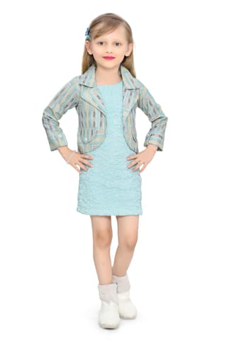 Be:kids Aqua Elegance Two-Piece Ensemble: Textured Sleeveless Dress and Striped Blazer