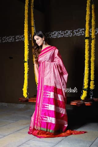 Handloom Cotton Viscose Ilkal Saree With Pure Resham Pallu - Baby Pink With Rose Pink Border