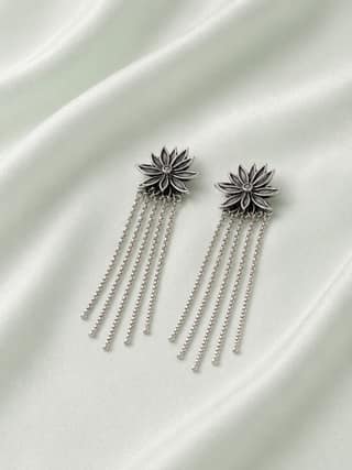 AXORA LIFE 925 Sterling Silver Floral Silver Drop Earrings with Long Chain Tassels